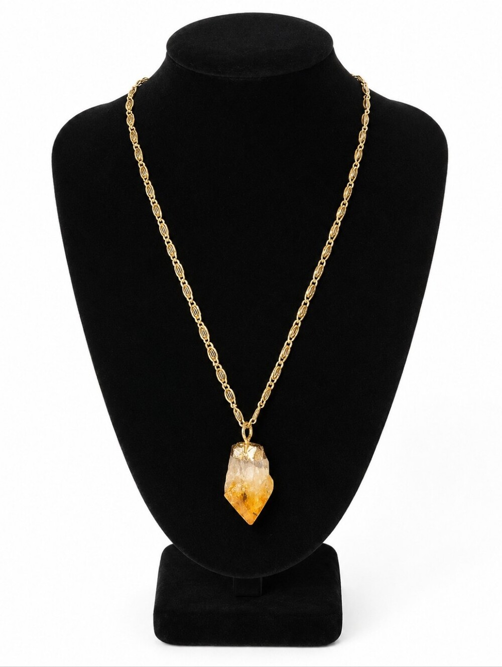 Vintage Gold Tone 22" Pendant Necklace with Raw Amber Look Crystal Charm